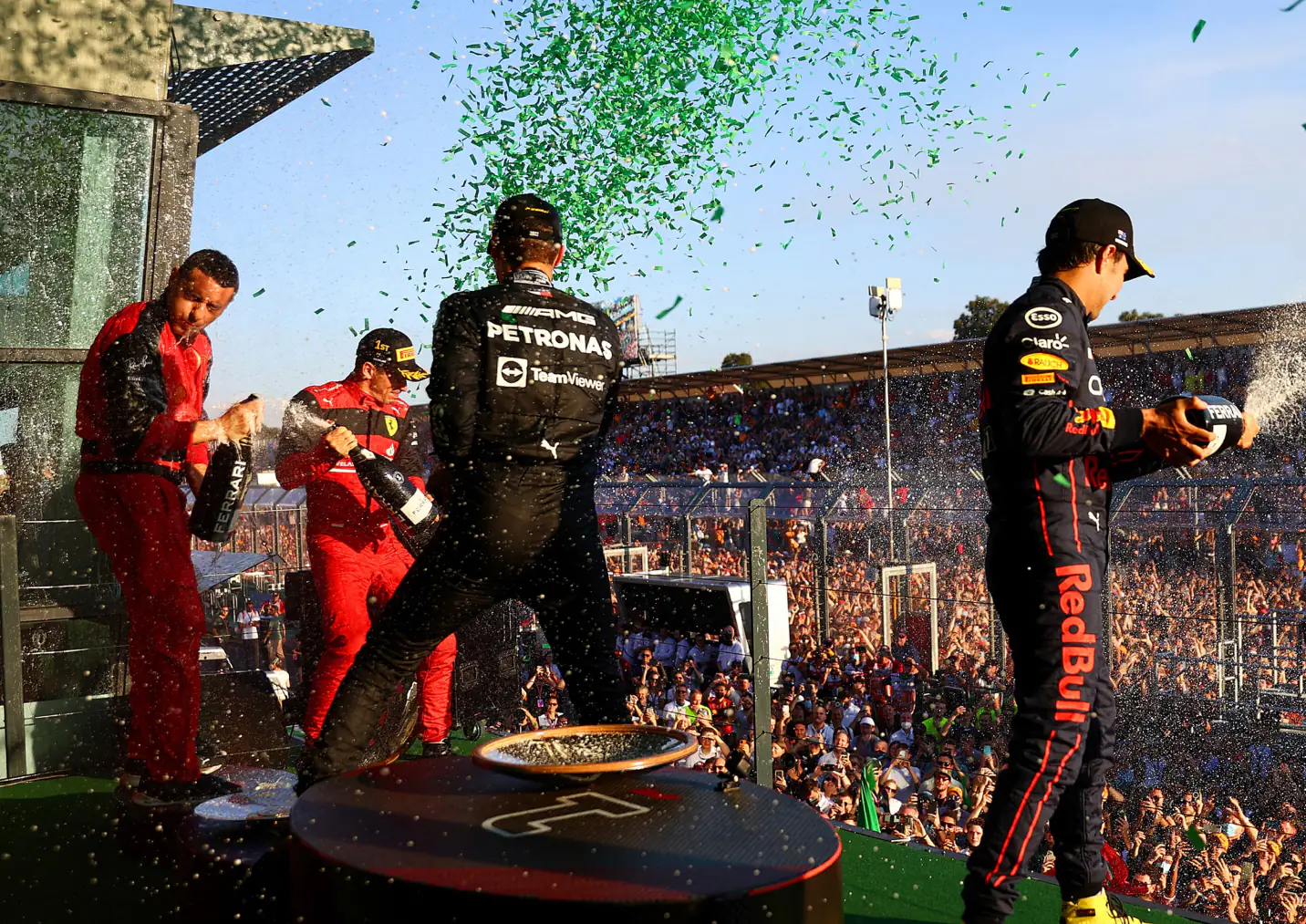 F1 podium champagne celebration