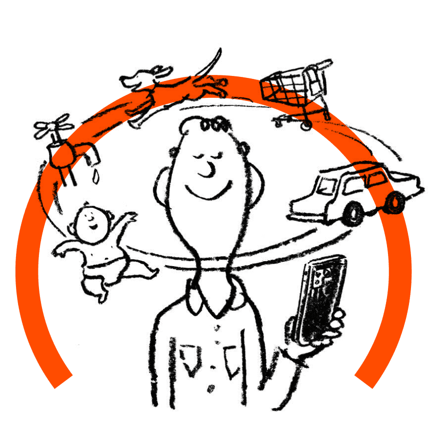 Illustration: a smiling DailyPay customer surrounded by an orange arc and sketches of everyday life (dog, shopping cart, car, phone, baby)