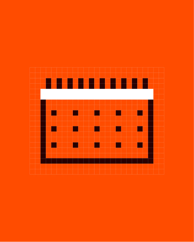 A pixel-drawn calendar icon in black and white on a Dawn Orange field