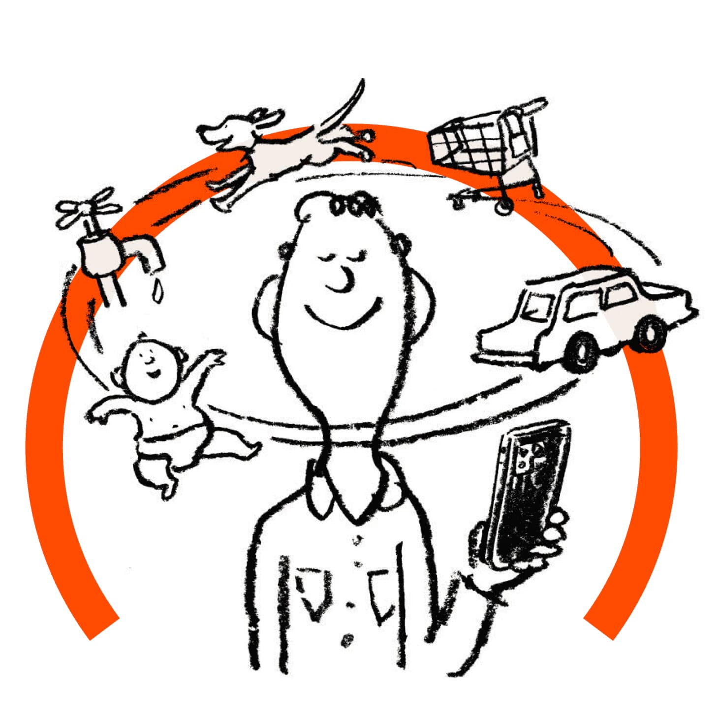 An ink illustration of everyday life circling a Dawn Orange arc