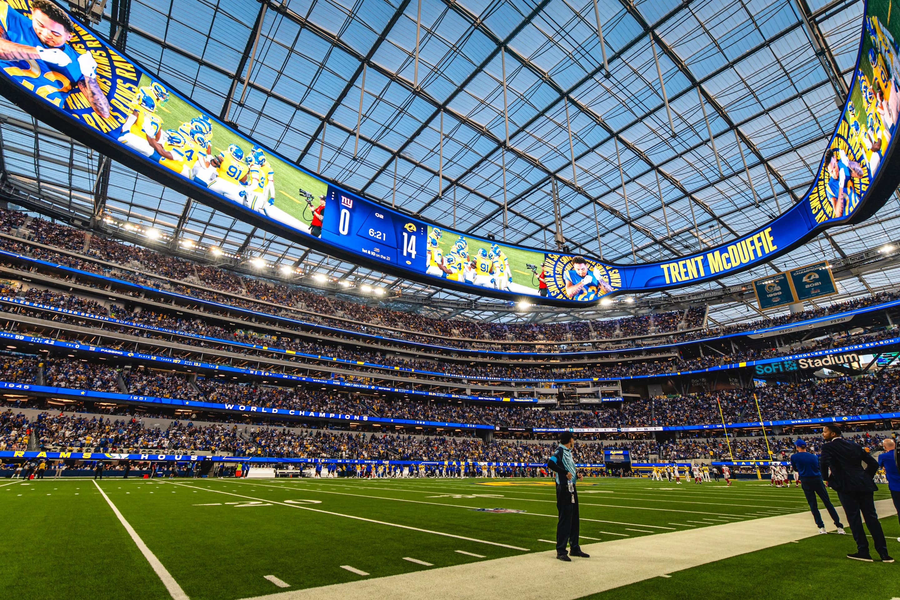 SoFi Stadium bowl under the Infinity Screen during a Rams game