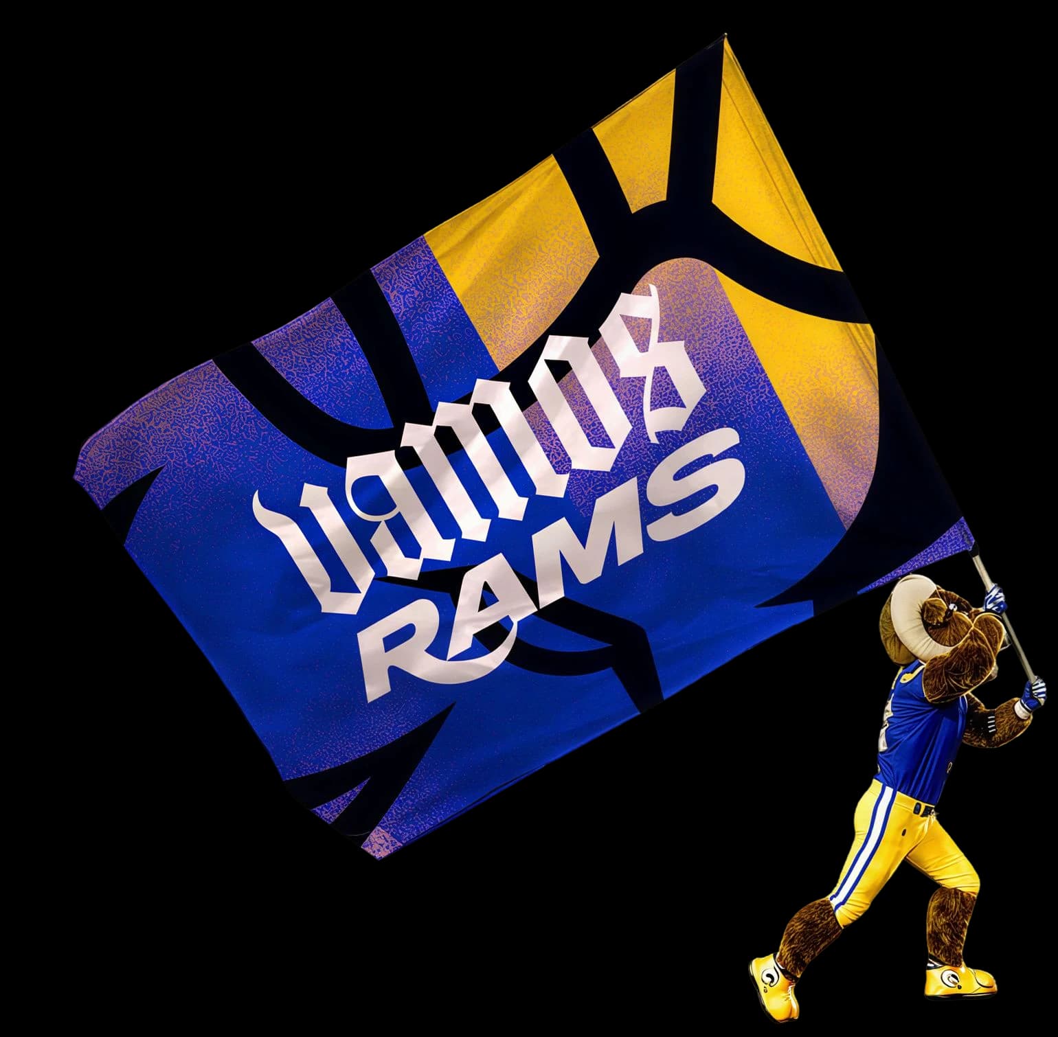 Rams mascot Rampage waving a Vamos Rams flag