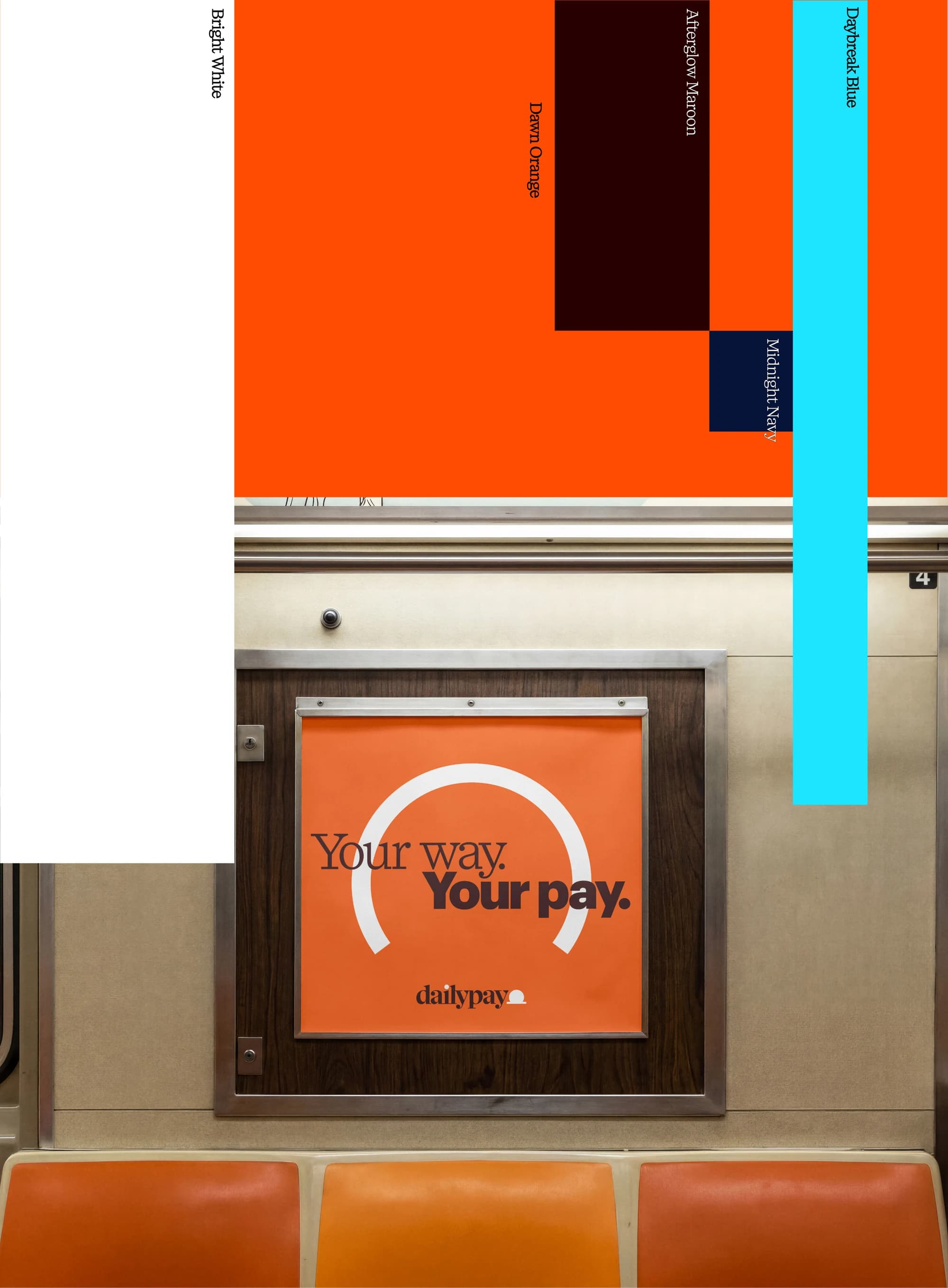DailyPay brand colour palette: Bright White, Dawn Orange, Afterglow Maroon, Midnight Navy and Daybreak Blue