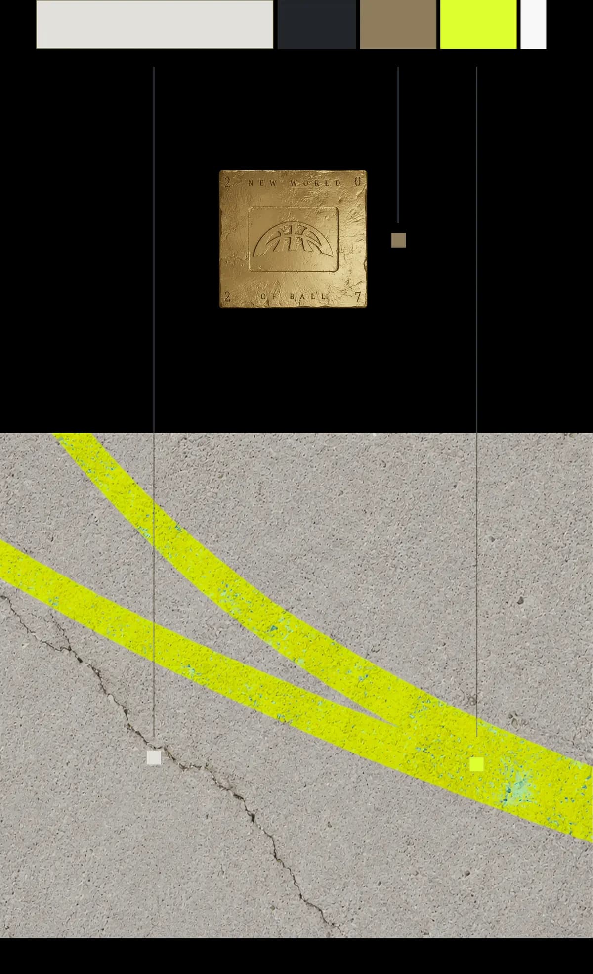 Refined colour palette: swatch bar, gold New World of Ball plaque and a court line