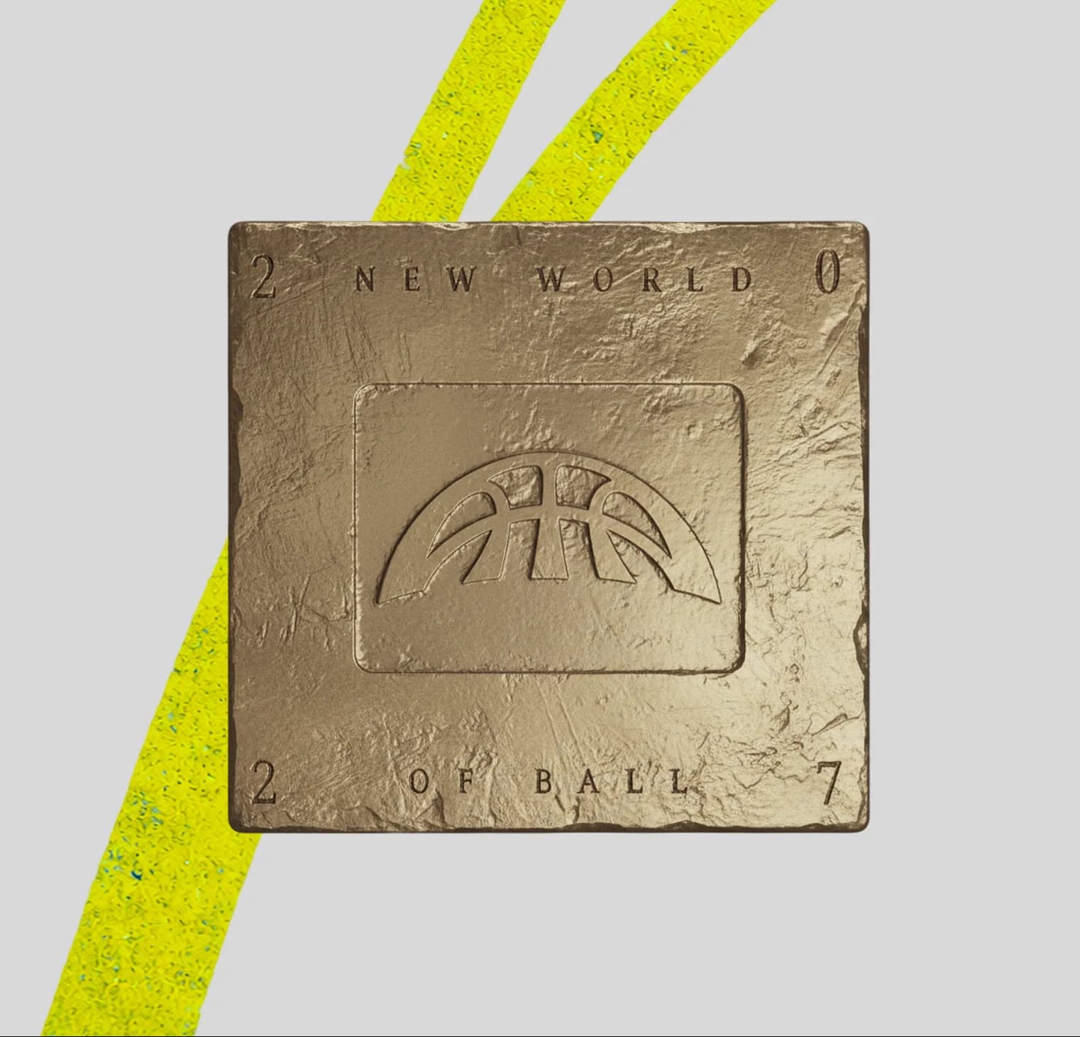 Gold New World of Ball plaque across two painted court lines