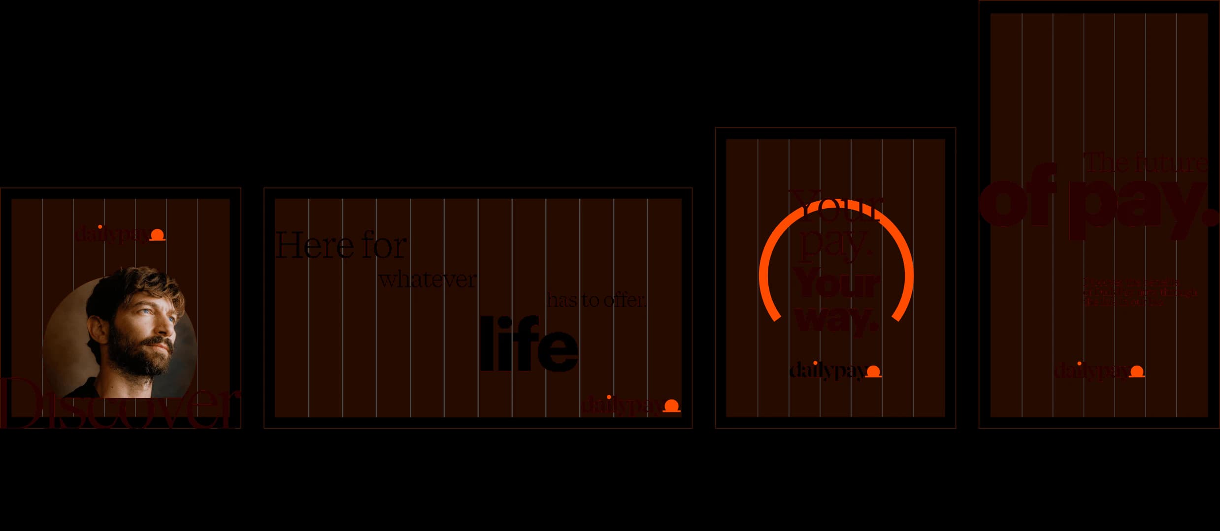 Four social post formats side by side, 1:1, 16:9, 4:5 and 9:16, each showing its column grid