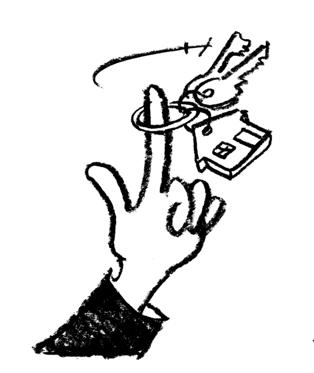 An ink drawing of a hand holding banknotes and a card