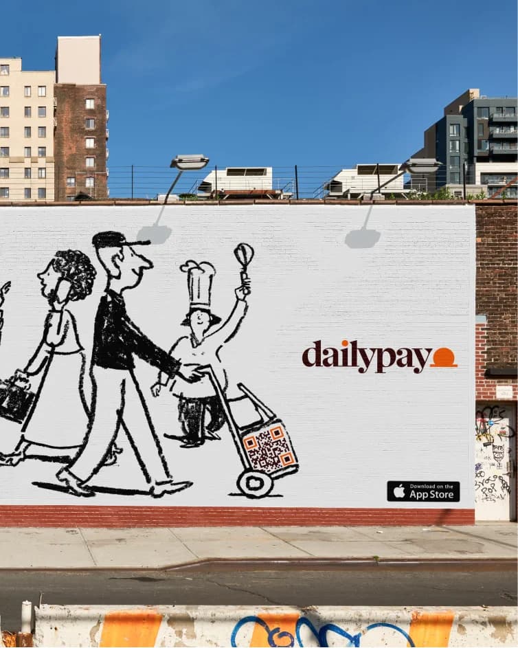 A hand-painted street mural of walking figures beside the dailypay logo and an App Store badge