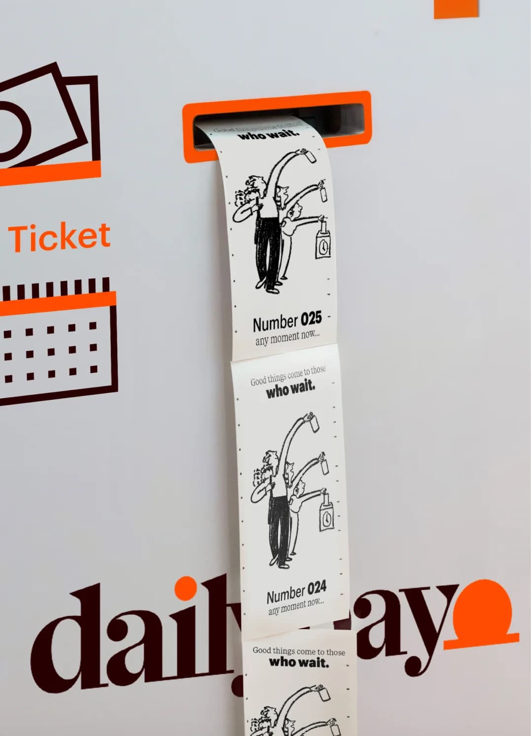 A queue-ticket dispenser on a white wall beside the dailypay wordmark