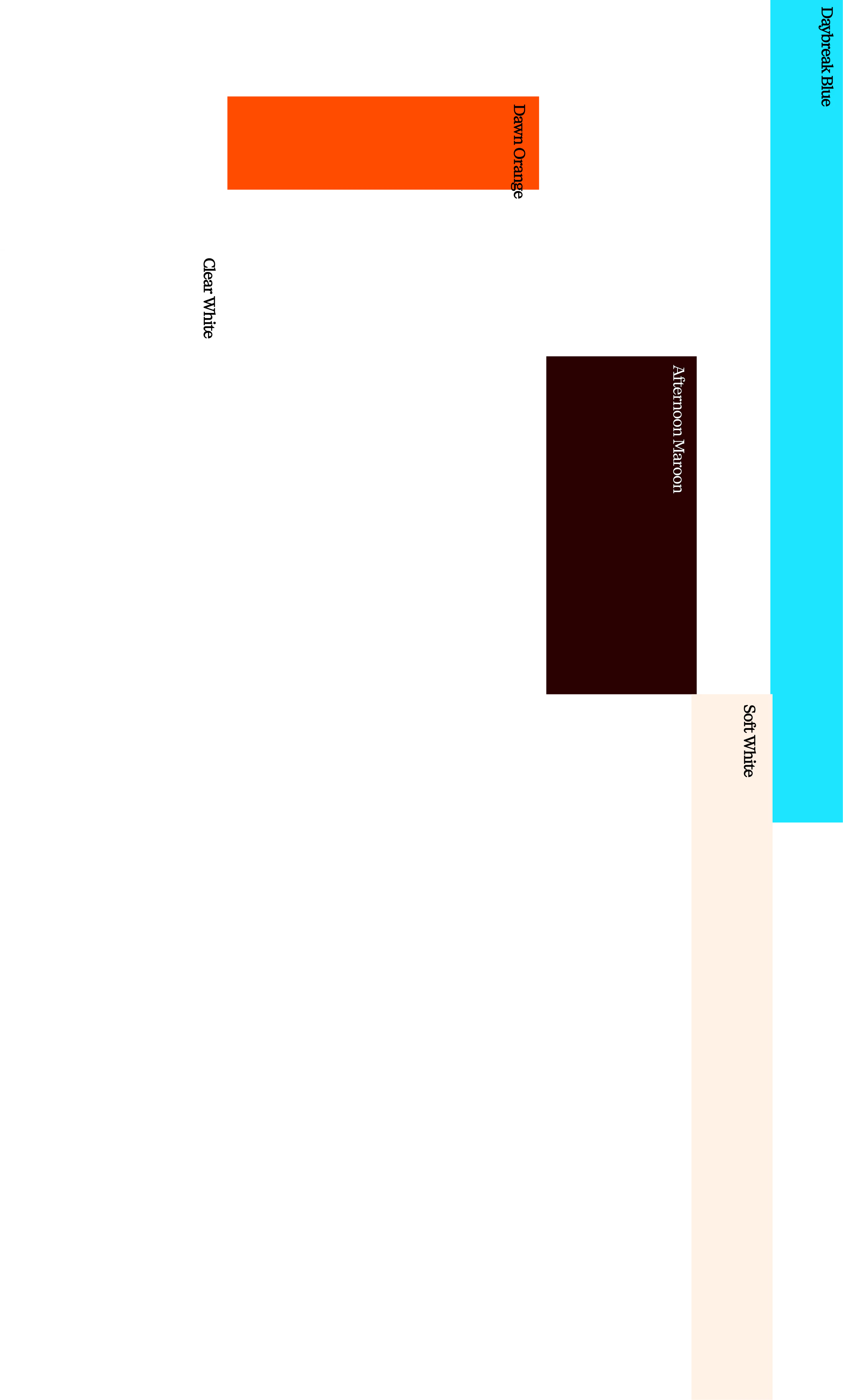 The DailyPay colour palette: Clear White, Dawn Orange, Afternoon Maroon, Daybreak Blue and Soft White blocks with their names set vertically