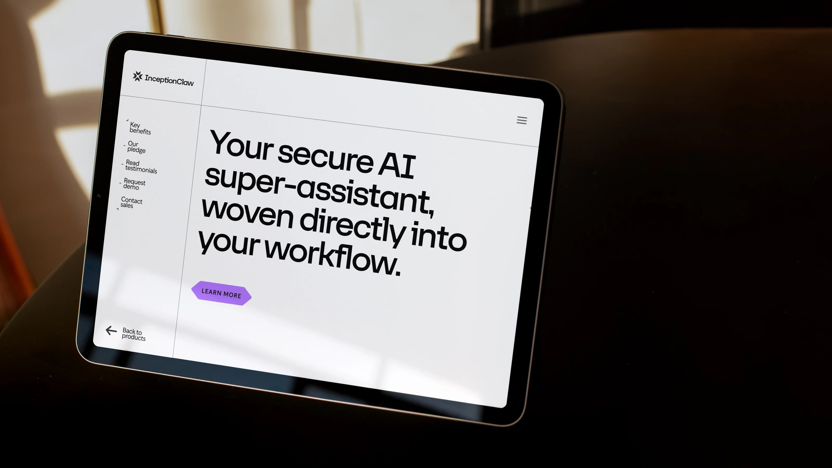 A tablet showing InceptionClaw: your secure AI super-assistant, woven directly into your workflow.